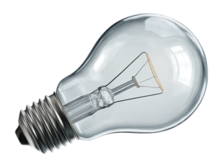 Clear glass incandescent light bulb with visible filament and metal screw base on black background graphic, Isolated On Png Transparent Background