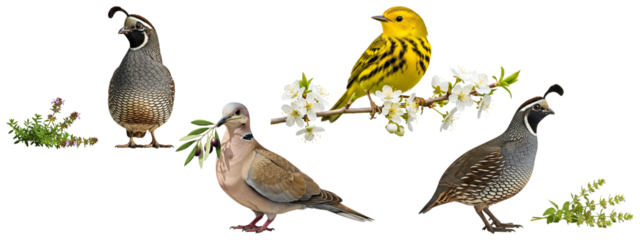 Set of North American wild birds with quail, a warbler, and a dove with an olive branch.