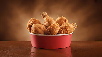 A Delicious Bucket of Crispy Fried Chicken Ready to Be Served on a Wooden Table for Dinner or a Party