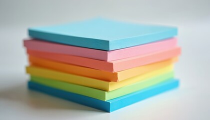 Fototapeta premium Stack of colorful sticky notes in pastel shades of blue, pink, orange, yellow, green, light blue. Blank paper note pads feature adhesive backing for reminders, messages, essential office supplies for