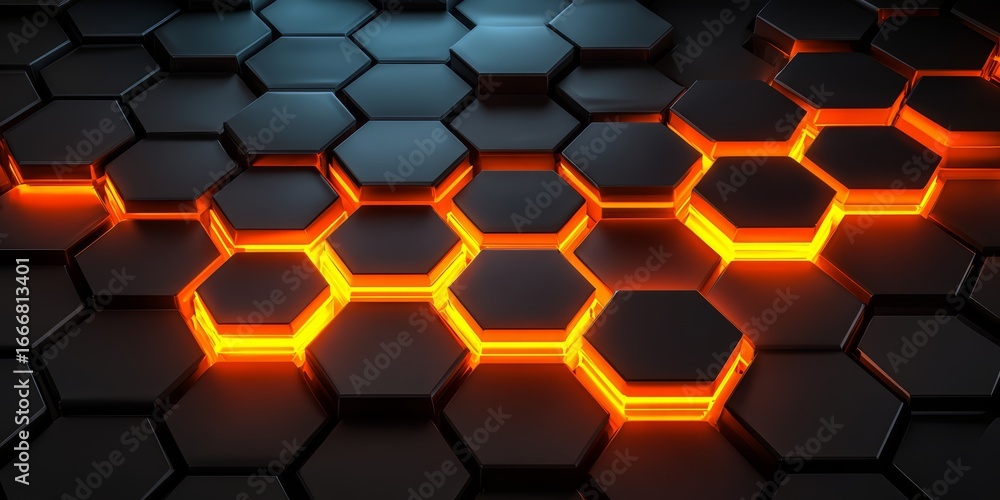 Poster black and orange hexagonal pattern with a bright orange glow. the pattern is made up of black