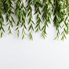 Obraz premium Cascading willow branches with vibrant leaves create an organic border on white background