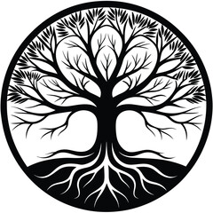Obraz premium Elegant Black Tree of Life Symbol with Intricate Roots within Circular Border