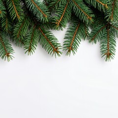 Evergreen fir branches arrangement with copy space for holiday greetings on white background