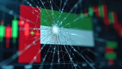 UAE flag on cracked screen displays declining stock market graph. Digital dashboard shows economic crisis, system error, market decline, bankruptcy, financial recession. Faceless rendering national