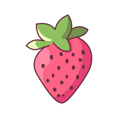 A single stylized pink strawberry with green leaves and dark seeds is depicted against a transparent backdrop, showcasing a fresh fruit illustration