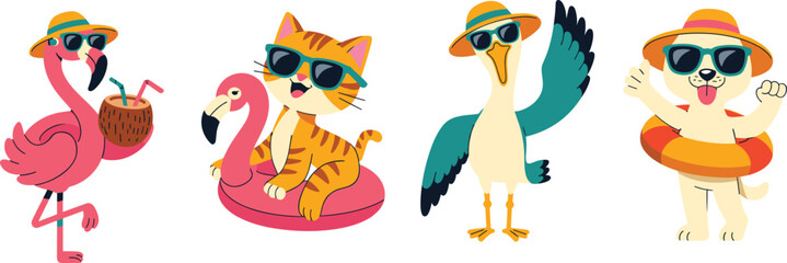 Cartoon summer animals wearing sunglasses, beach vacation vector set, cute characters with float rings, tropical fun vibes, colorful illustration.