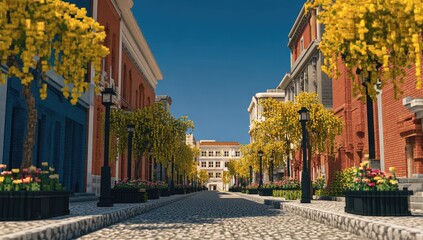 Voxel-style street scene, colorful buildings,  bright sunshine