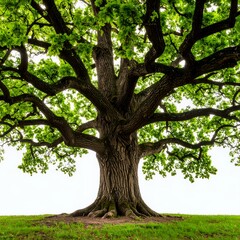 Majestic branching tree canopy with lush green foliage reaching skyward on white background