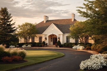 Premium Elegant Golf Clubhouse Exterior with Landscaped Grounds at Sunset Modern Luxury Recreation Venue for Professional Marketing and Lifestyle Campaigns