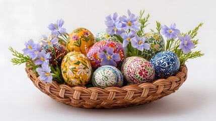 Fototapeta premium Vibrant Easter Basket with Hand Painted Eggs - Festive Easter Decor