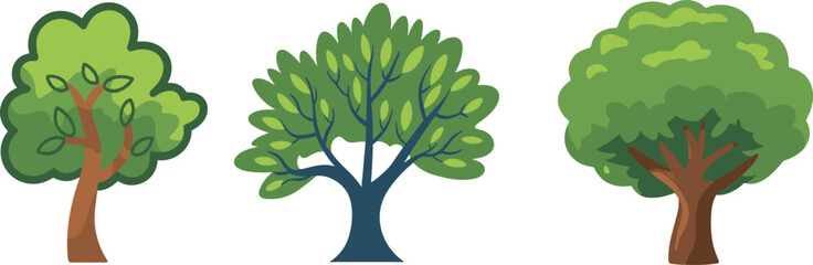 Cartoon tree vector set, green foliage illustration, nature clipart, hand drawn trees, landscape design element, eco friendly plant collection.