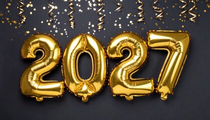 Golden balloons with “2027” float elegantly as shimmering confetti falls against a deep black background, creating a cinematic, festive, and joyous celebration of the new year scene