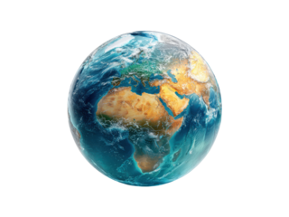 3D rendering of planet Earth displaying Africa and Europe continents with visible landmasses oceans and clouds, Isolated On Png Transparent Background