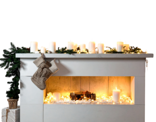 Cozy Minimalist Christmas Fireplace with White and Neutral Decorations, Transparent Background.
