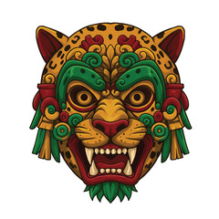 Ornate Aztec jaguar warrior mask with a fierce expression and colorful details. © Vira