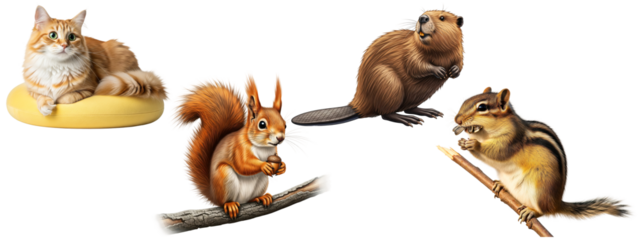 Set of illustrated mammals including a domestic cat, squirrel, beaver, and chipmunk.
