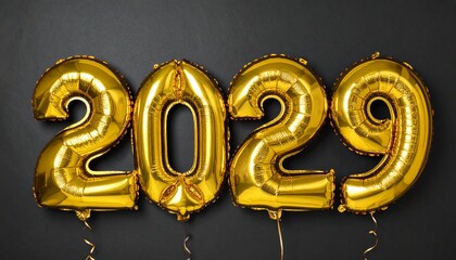 Golden balloons with &ldquo;2029&rdquo; float elegantly as shimmering confetti falls against a deep black background, creating a cinematic, festive, and joyous celebration of the new year scene