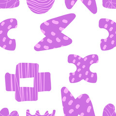 Seamless pattern of abstract organic shapes with purple polka dots and stripes on a white background