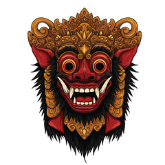 Ornate Balinese Barong mask with a fierce expression and golden headdress.
