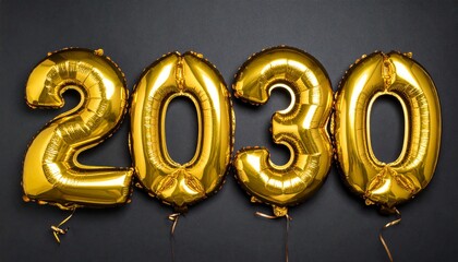 Golden balloons with &ldquo;2030&rdquo; float gracefully as shimmering confetti falls against a deep black background, creating a cinematic, festive, and joyous celebration of the new year scene