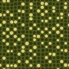 Seamless pattern of scattered light yellow circles on a dark green background creating a modern abstract texture