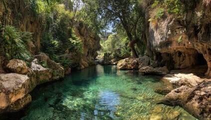 Crystal-clear pool nestled within a rocky, lush canyon. Sunlight filters through trees