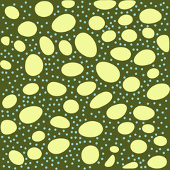 Abstract pattern with irregular yellow shapes and small blue dots on a dark green background creating a playful and organic visual texture