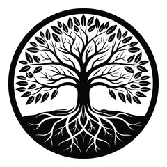 Black Tree of Life Symbol within Circular Border with Branch and Root Details