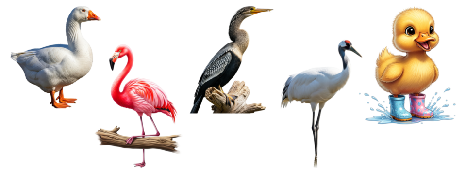 Collection of various water birds and a cute cartoon duckling in boots.