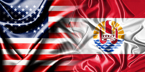 The national flags of the United States and French Polynesia are combined into one and placed side by side on a fluttering cotton background. Flags.