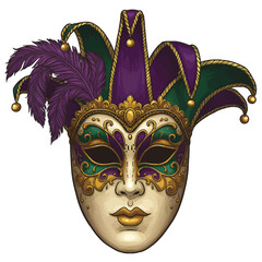 Ornate Venetian Mardi Gras jester mask with purple feathers and gold details. © Vira