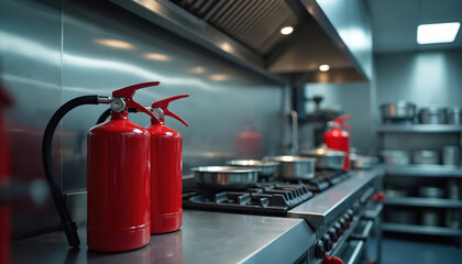 Two red fire extinguishers stand ready in pro kitchen setting. Metallic surfaces, cooking appliances suggest focus on safety, preparedness within food service environment. Essential safety equipment