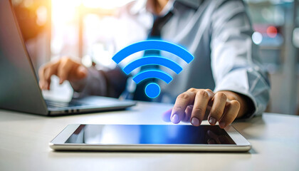 Businessman Using Tablet with WiFi Icon Hologram
