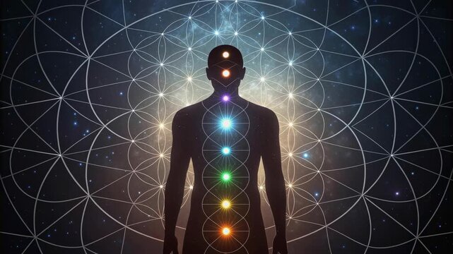 Glowing chakra points aligned along spine in human silhouette set against cosmic background with geometric patterns evoking spiritual energy aura meditation alignment and cosmic balance