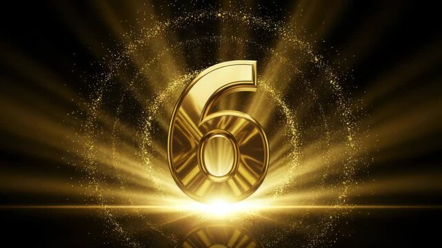 A gleaming golden number six shines brightly amidst a swirling vortex of golden sparkles and radiant light beams, symbolizing luxury and celebration