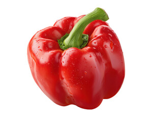 Bright red bell pepper with a green stem covered in water droplets, isolated on a black background, detailed view, Isolated On Png Transparent Background