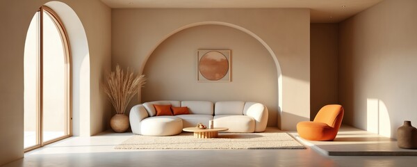 Modern living room features beige walls, curved sectional sofa with orange pillows, bright orange accent chair. Textured rug grounds seating area, complemented by minimalist decor, large arched