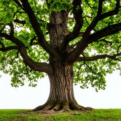 Majestic oak tree with sprawling branches and verdant foliage, isolated on white background
