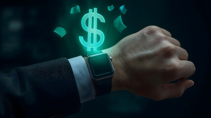 Businessman Wrist with Smartwatch and Money Icon Hologram
