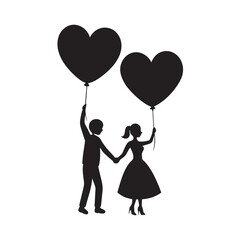 Romantic Balloon Heart Couple Silhouette Vector Illustration
