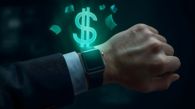 Businessman Wrist with Smartwatch and Money Icon Hologram
