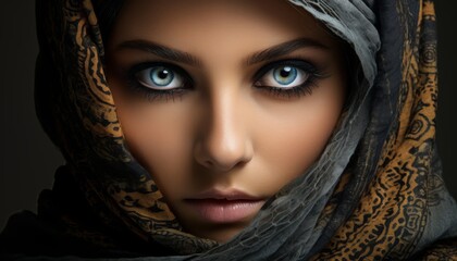 Captivating portrait of a woman with striking blue eyes wearing a decorative headscarf against a dark background