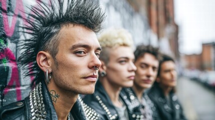 Fototapeta premium A punk band poses, showcasing their unique style and attitude on a city street, ready to rock.