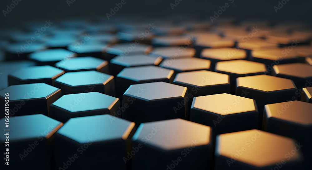 Poster abstract hexagonal tile pattern with glowing blue and golden gradient light effect