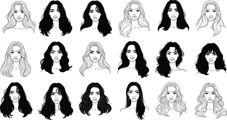 Female portraits with hairstyles, fashion beauty illustration, stylish women faces vector art, elegant hair design, modern sketch artwork, trendy feminine silhouette drawing