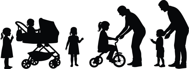 Silhouette of a family walking, with a baby in a stroller, young girl on a bicycle, and parent helping child, family life illustration, CAD vector drawing