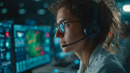 Focused scientist analyzing weather data on advanced computer monitors in hightech control room