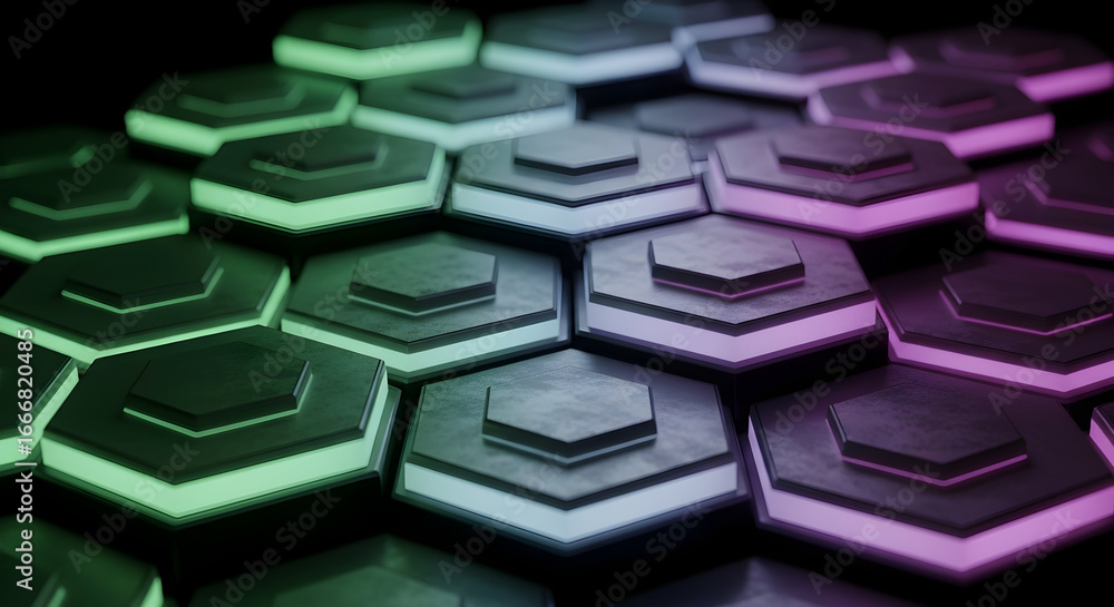Fototapete abstract 3d rendering of illuminated layered hexagonal tiles with gradient colors