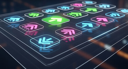 Abstract Glowing Arrow Icons on a Dark Background with Glassy Texture